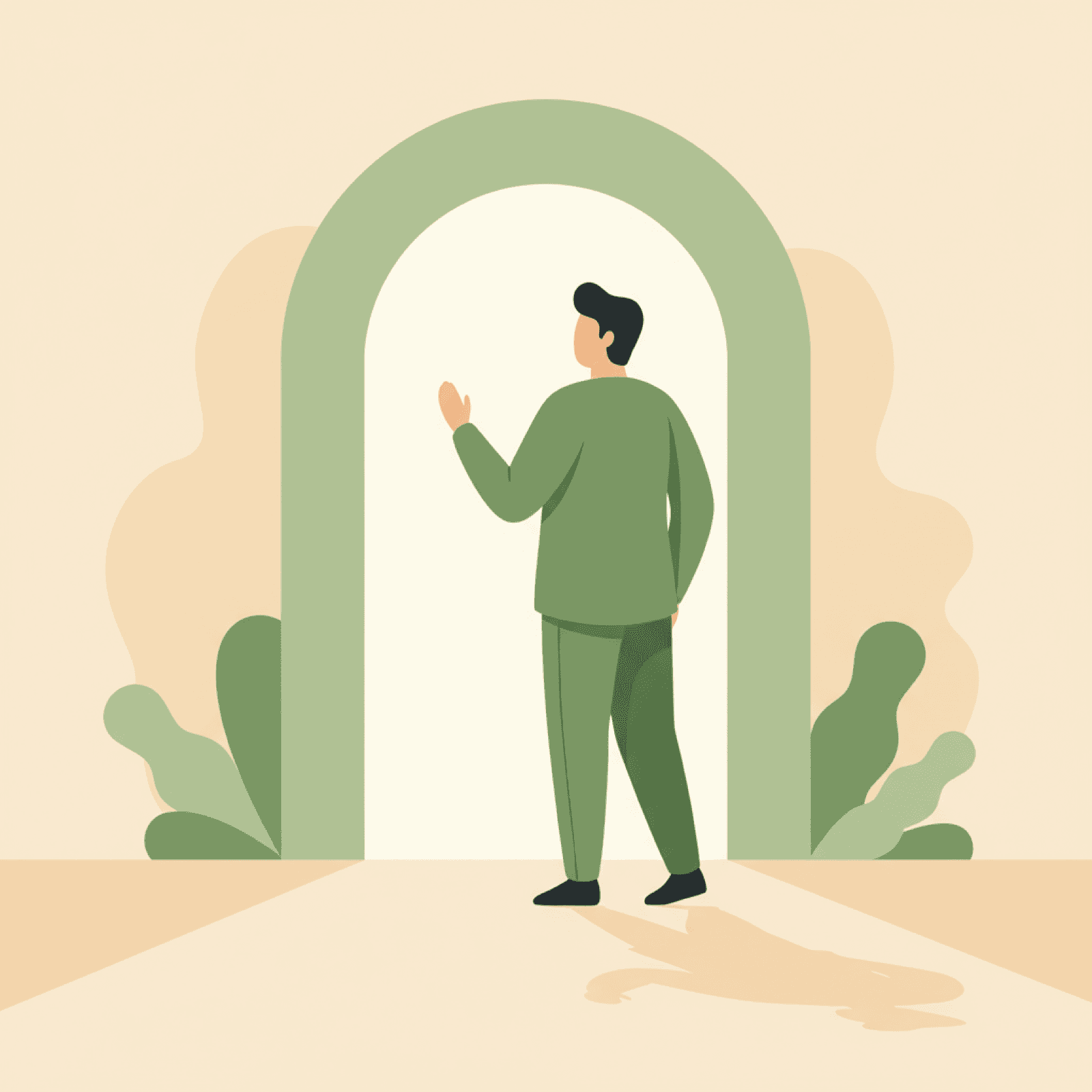 Illustration of an adult standing at an open door with soft light coming through, representing a new chapter after an adult autism diagnosis