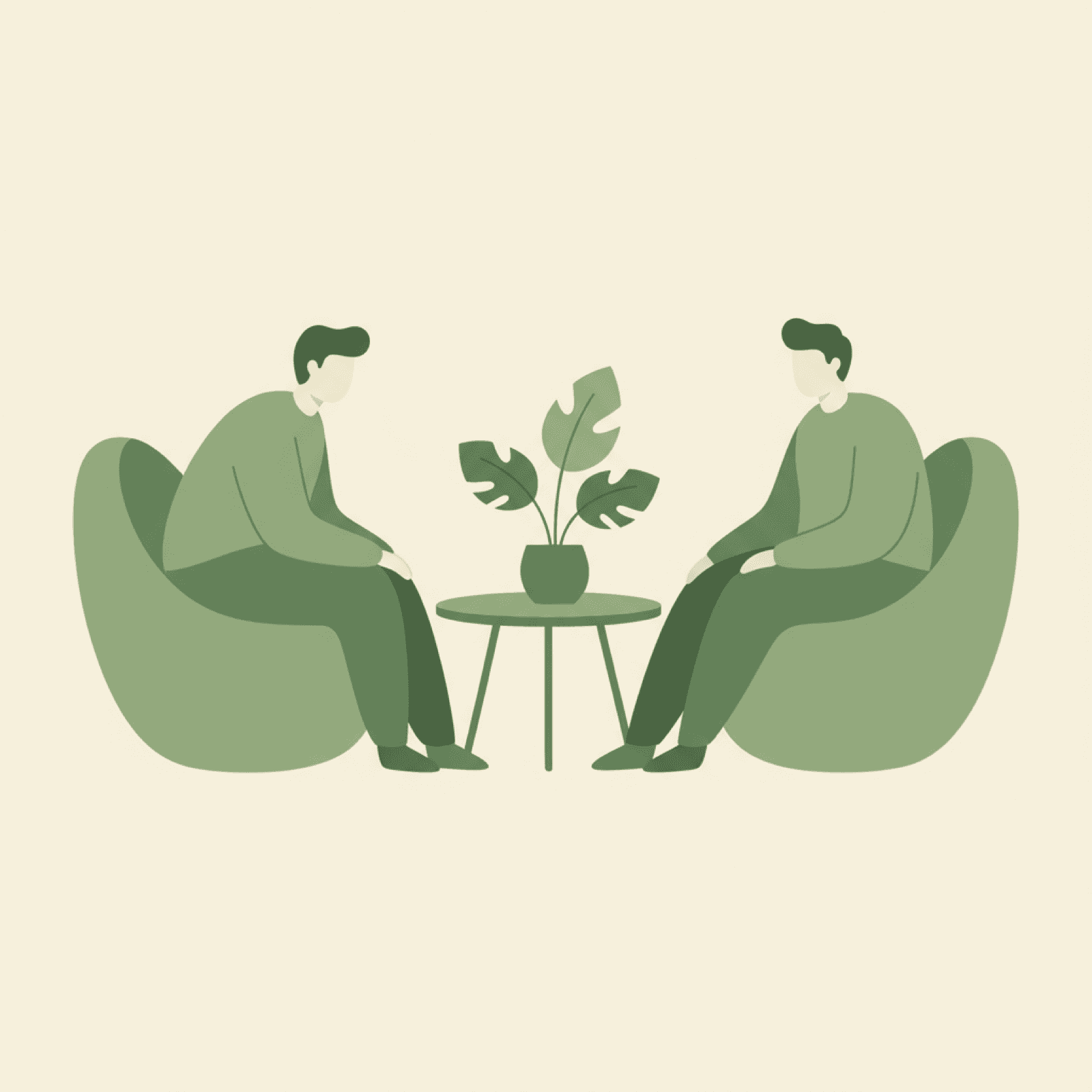 Illustration of two adults in a calm, unhurried conversation across a small table, representing an adult autism consultation