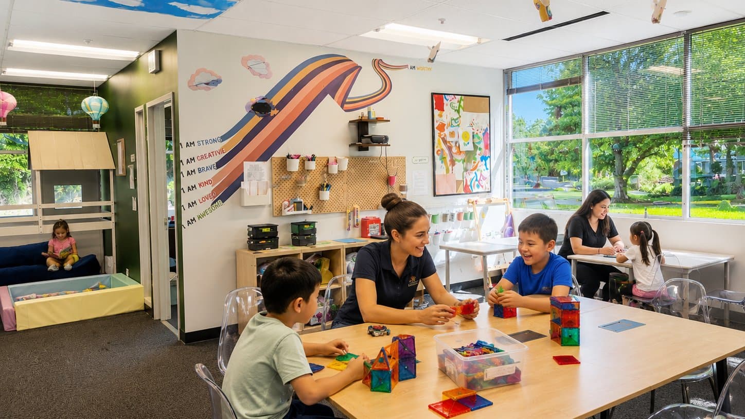 A Strides clinician working with children in the therapy center