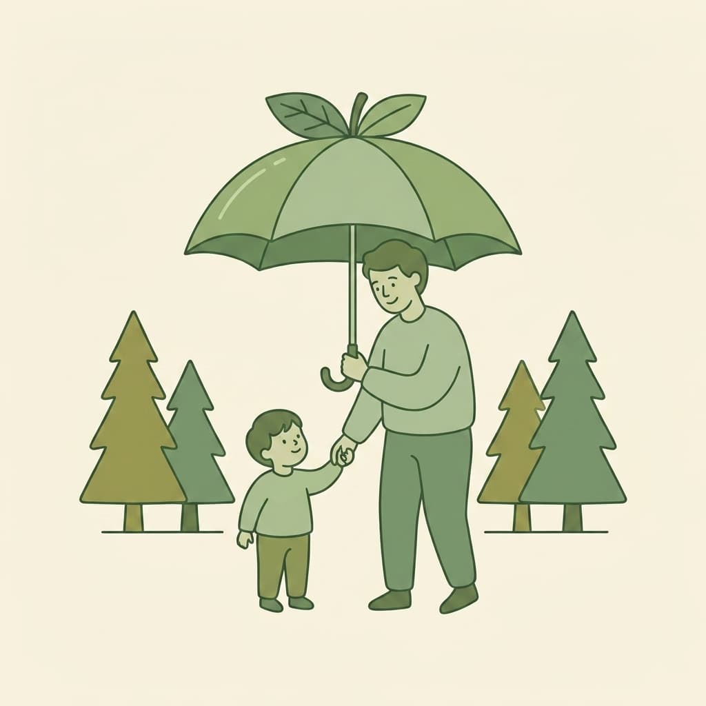 Illustration of a parent holding a child under a leafy umbrella among evergreen trees, representing Apple Health coverage
