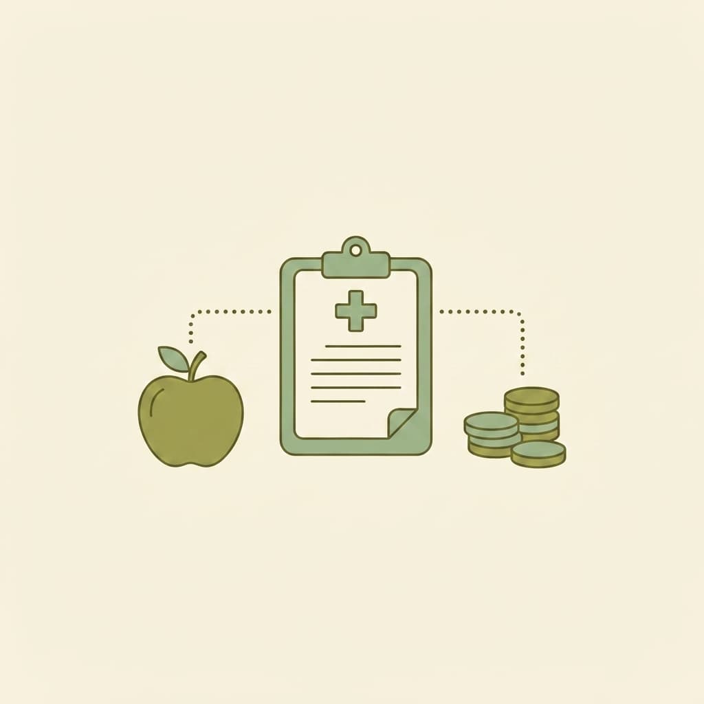 Illustration of an apple beside a medical clipboard and coins, representing Washington Medicaid coverage and costs