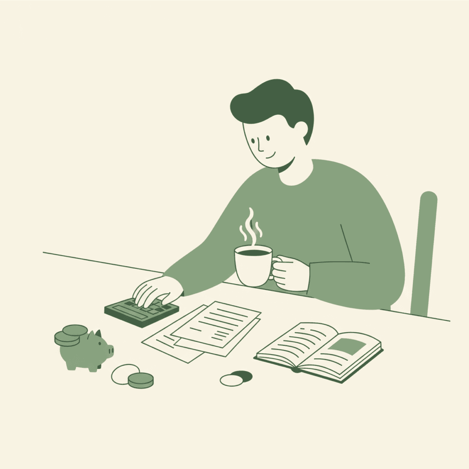 Illustration of a parent at a kitchen table reviewing paperwork with a calculator and a cup of tea