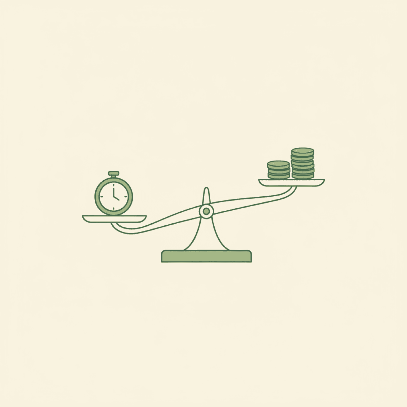 Illustration of a balance scale weighing a clock against a stack of coins, representing waitlist time versus evaluation cost