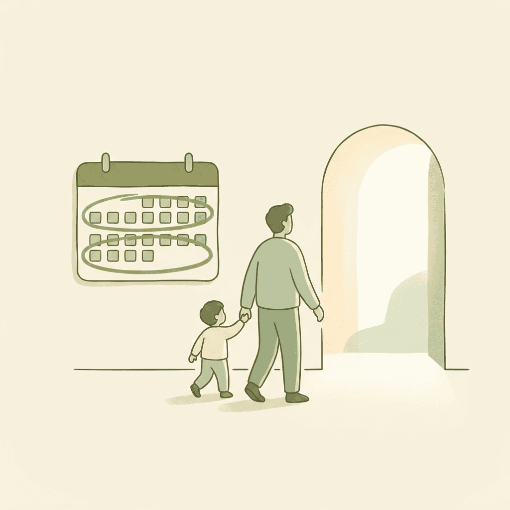 Illustration of a parent and child walking toward an open doorway beside a calendar with two weeks circled