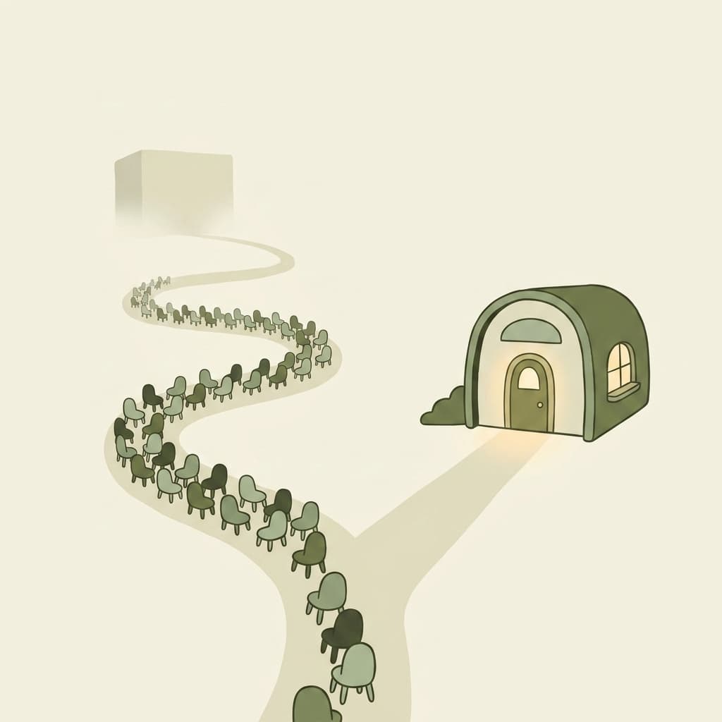 Illustration of a long queue of waiting chairs beside a short direct path to a clinic door