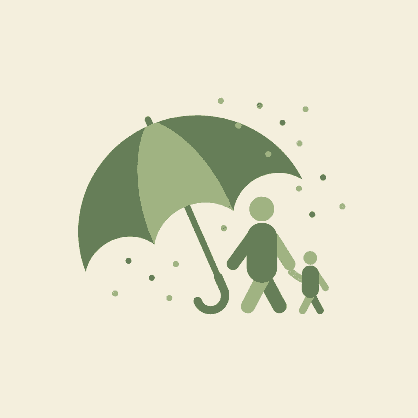 Illustration of a parent and child walking together under a large umbrella, representing insurance coverage and protection