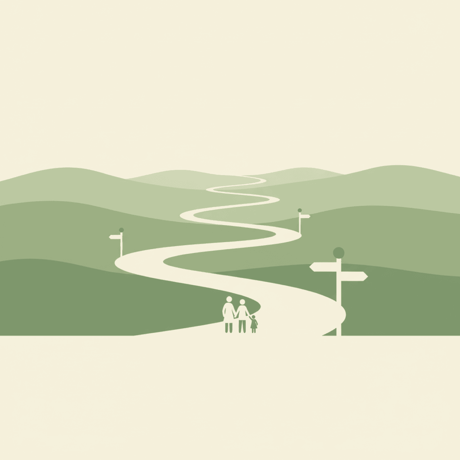 Illustration of a winding path splitting into three signposted routes, representing the different funding paths for ABA therapy
