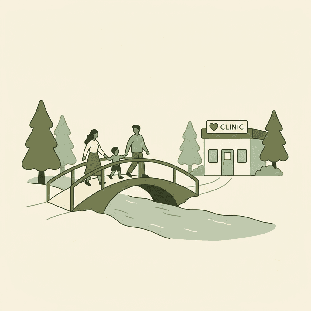 Illustration of a family crossing an arched bridge toward a small clinic among evergreens, representing Oregon families reaching care