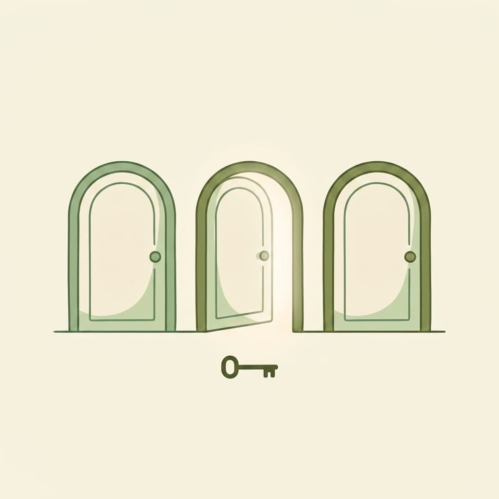 Illustration of three doors with one open and glowing, representing funding options for ABA therapy in Oregon