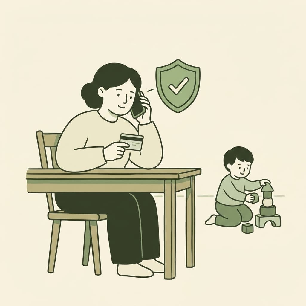 Illustration of a parent on the phone holding an insurance card while a child plays with blocks nearby