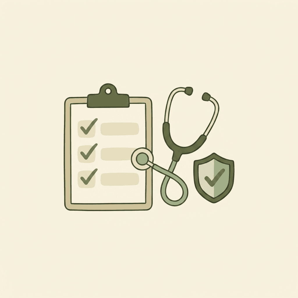 Illustration of a checklist on a clipboard beside a stethoscope and a shield with a checkmark