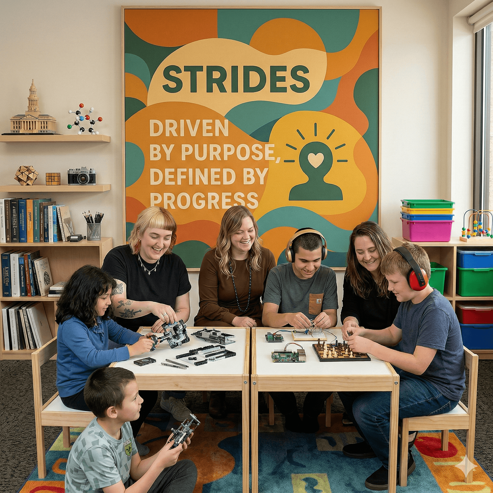 The Strides team building projects alongside clients at a worktable