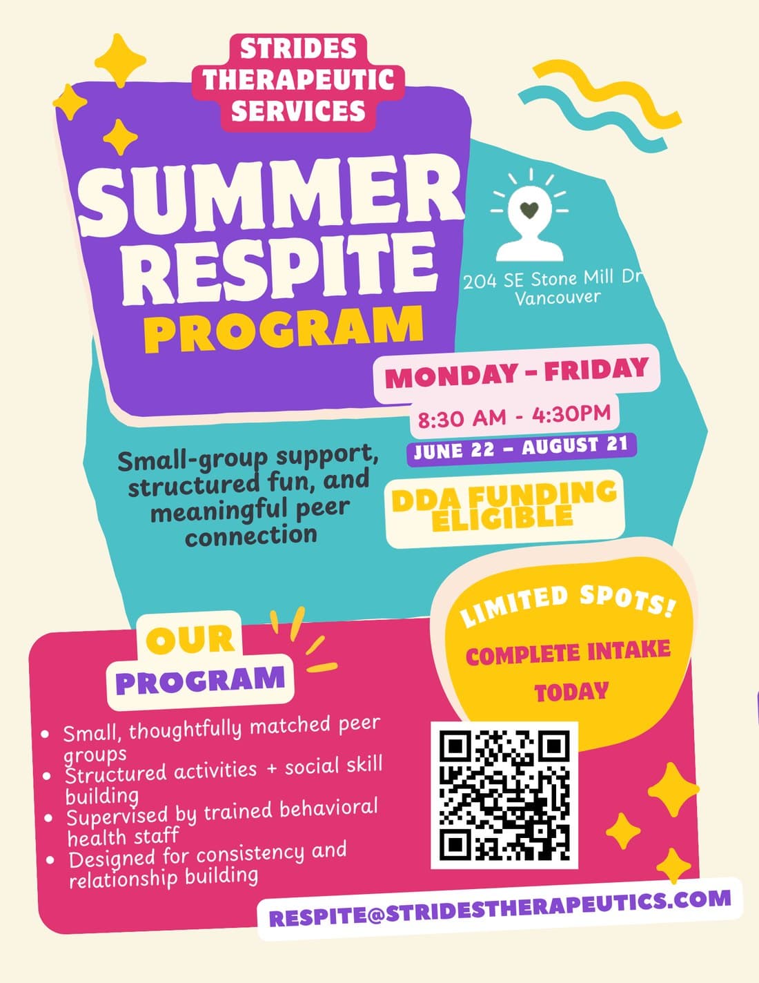 Summer Respite Program — June 22 to August 21. Small-group support, structured fun, and meaningful peer connection. DDA funding eligible.
